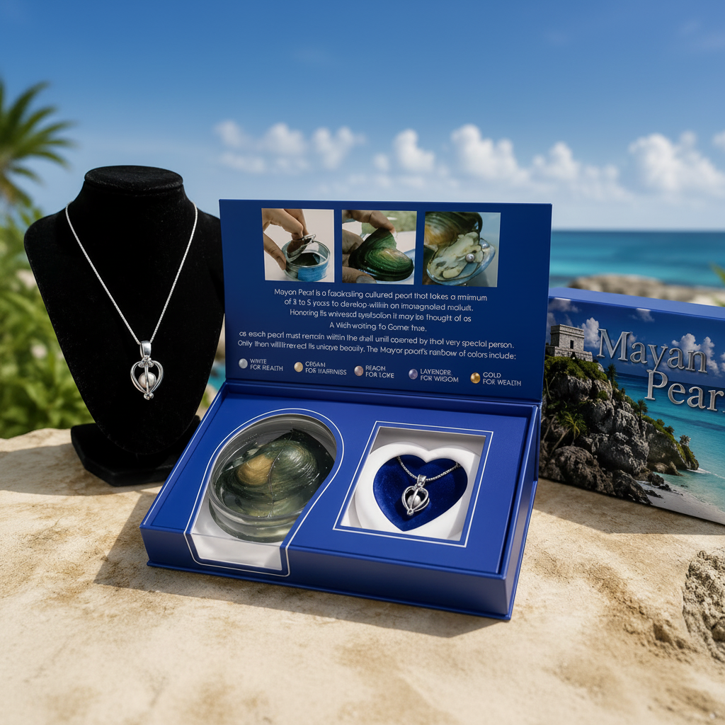 Caja de regalo Mayan Pearl abierta en la playa caribeña