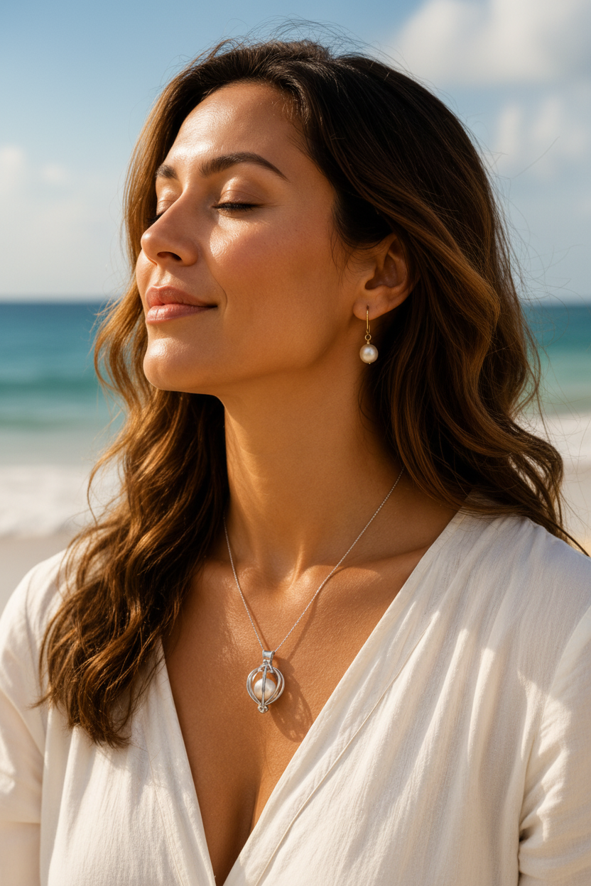 Mujer usando collar Perla Maya en la playa